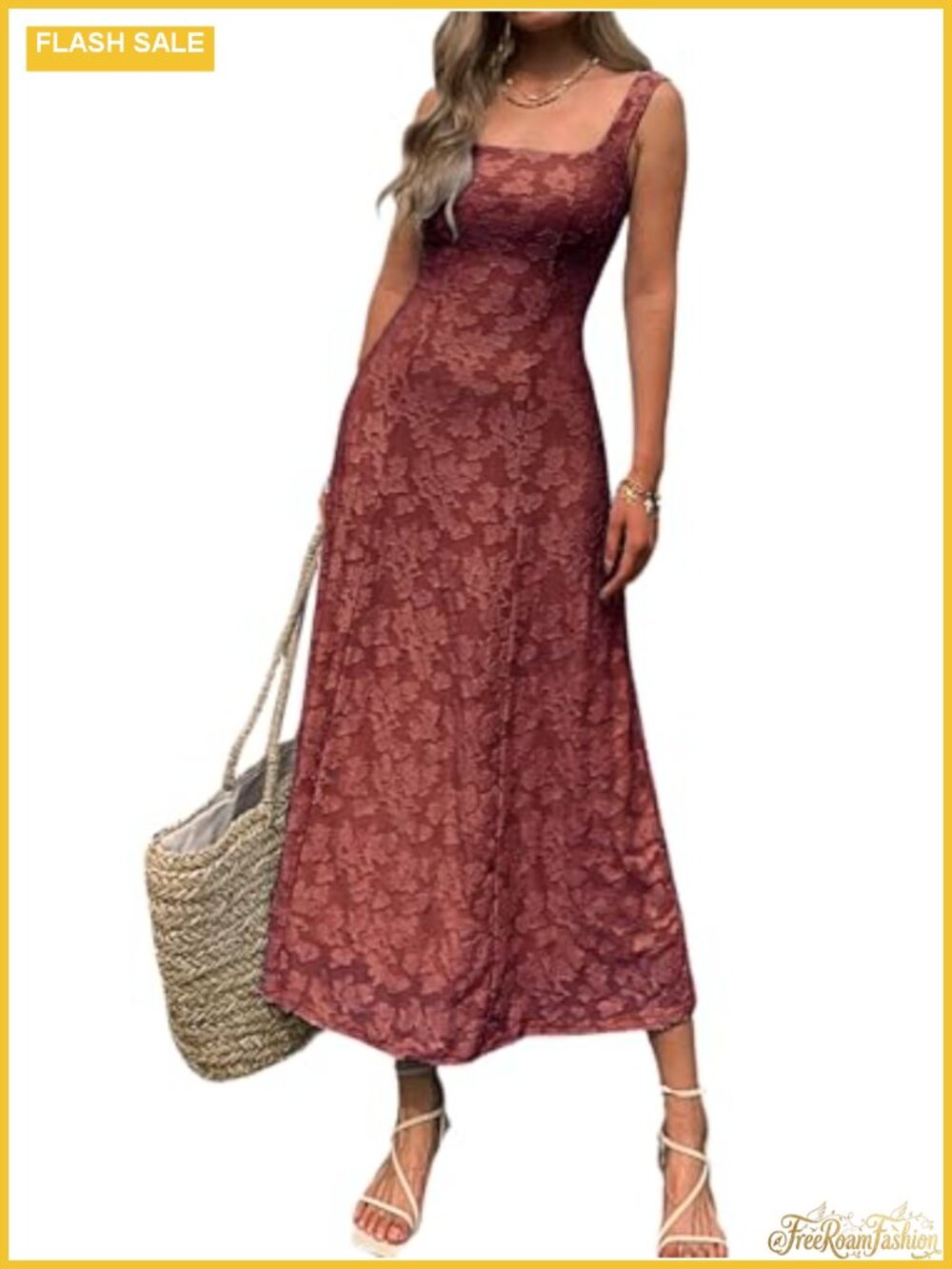 Women's Floral Jacquard Maxi Dress Square Neck Sleeveless A-Line Summer Sundress